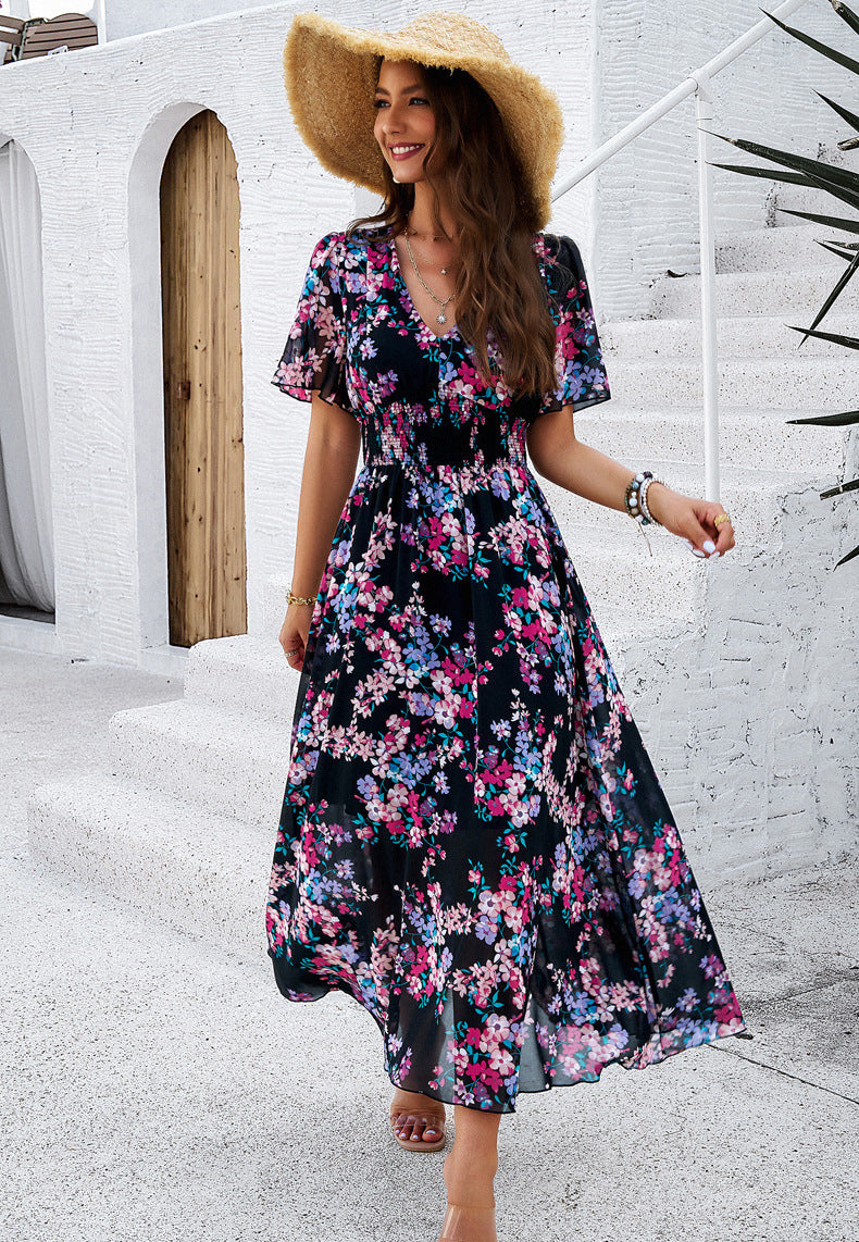 Women's Floral Print Chiffon Dress – Short Sleeve, Waist-Tied