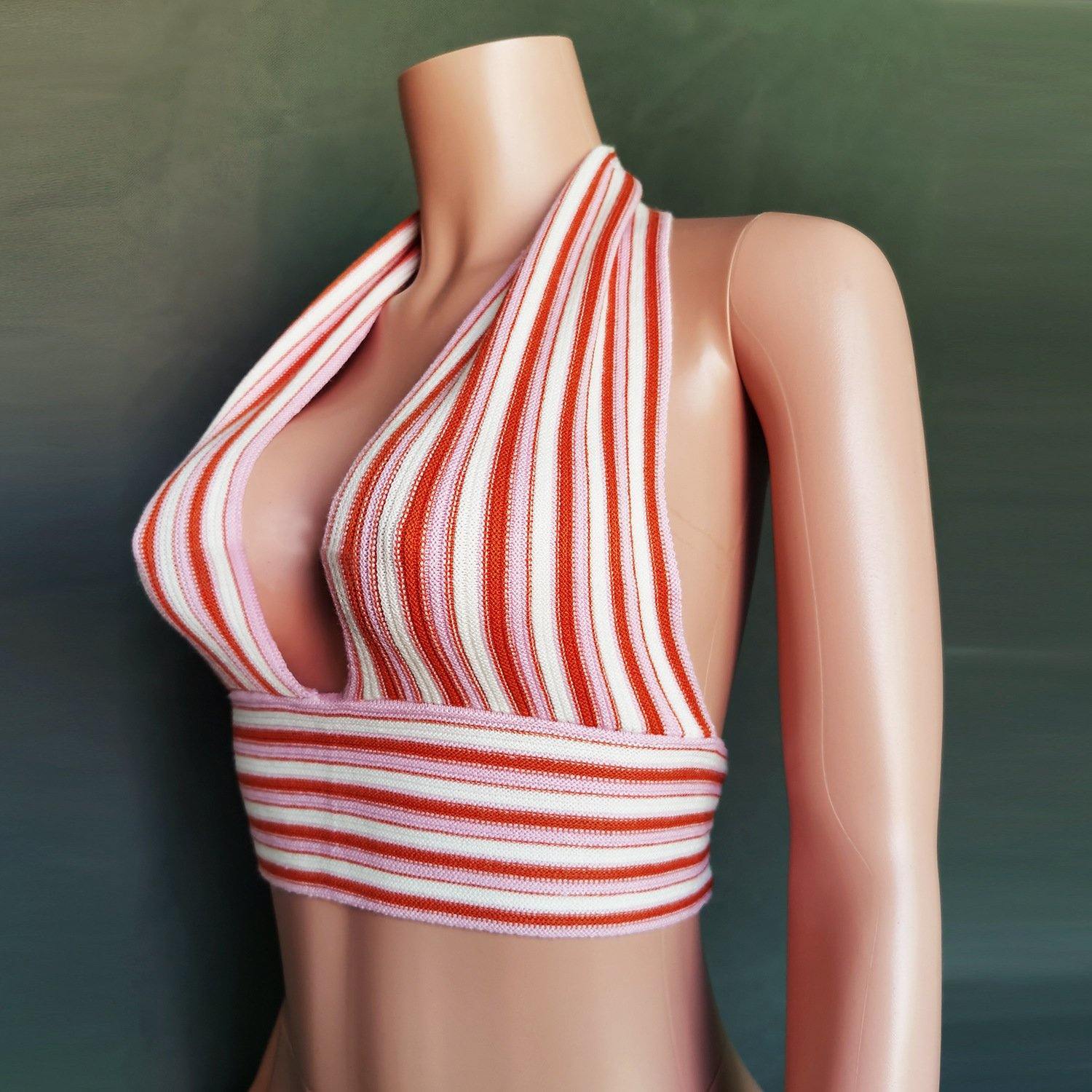 Striped Deep V-Neck Backless Women Tops-STYLEGOING