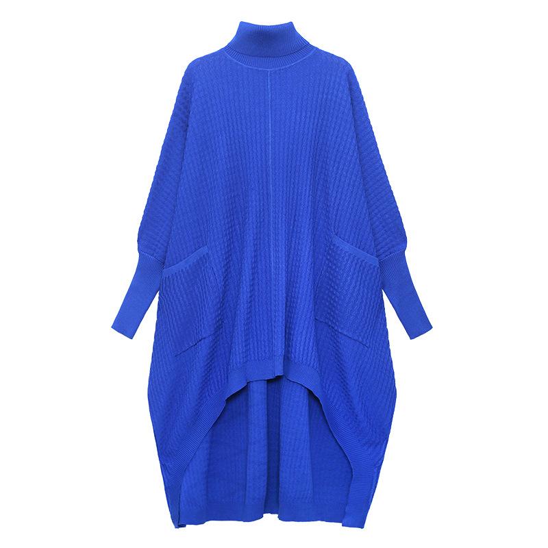 Women High Neck High Low Designed Knitted Long Cozy Dresses-Blue-One Size-Free Shipping at meselling99