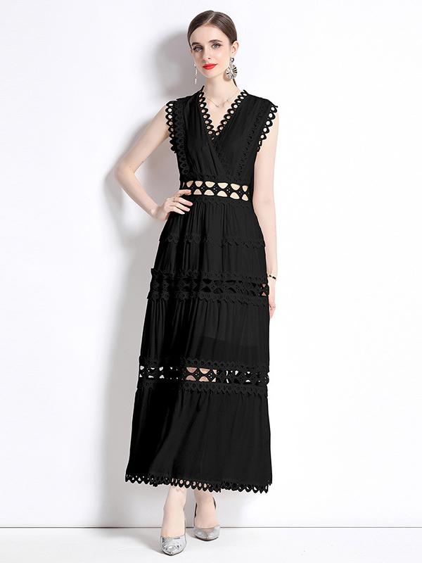 Sacha Cotton Linen Crochet Tiered Midi Dress - Black