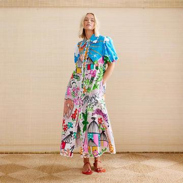 Linen Casual Print Shirt Collar Button-Down Dress