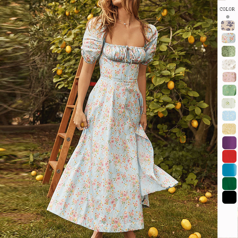 Women's Floral Wrap Slit Maxi Dress with Puff Sleeves