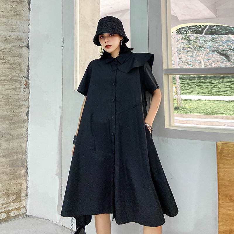 Vintage Summer Irregular Black Shirts Dresses-Dresses-Free Shipping at meselling99