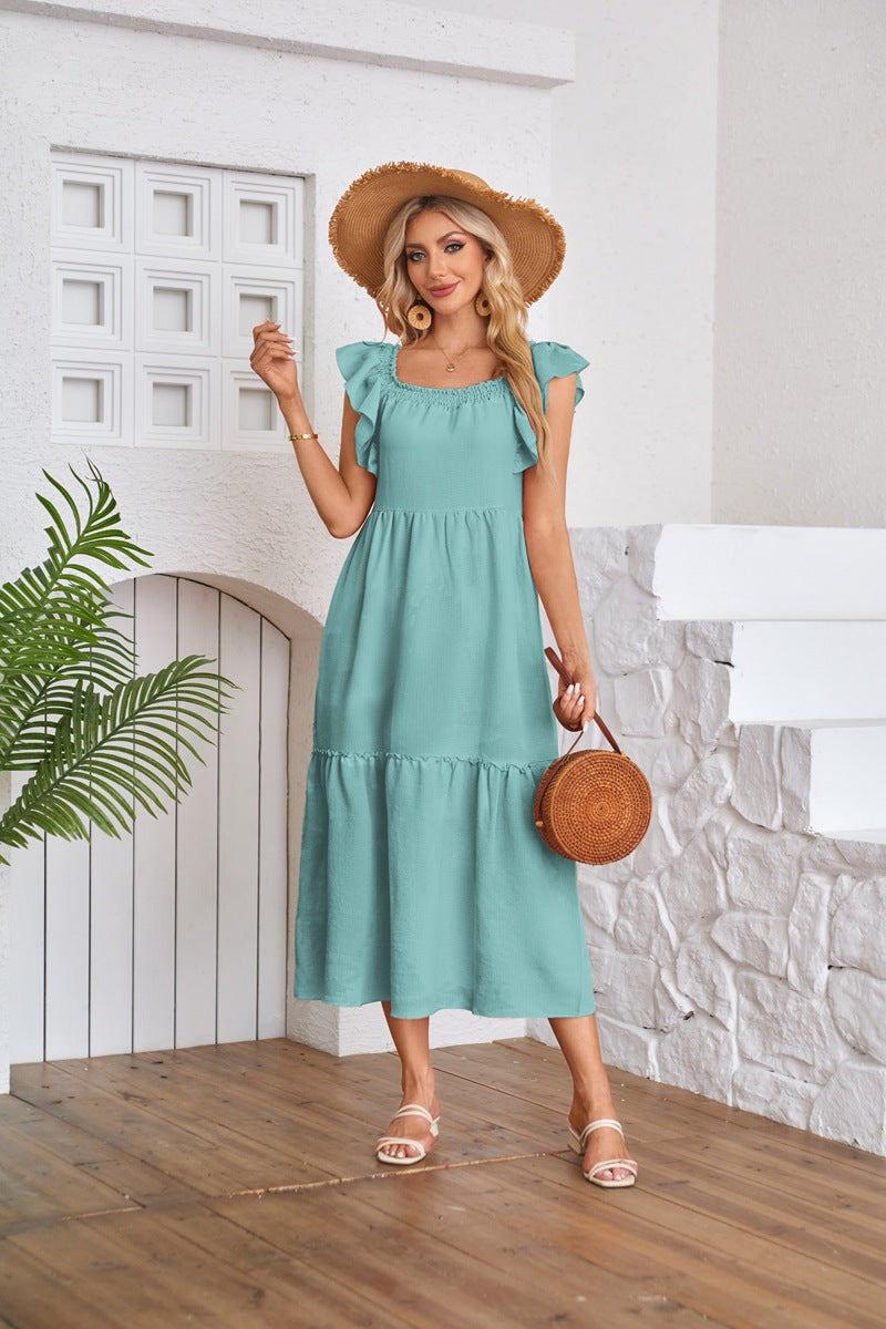 Flying Sleeve Square Neck Off Shoulder Pleated Hem Dress