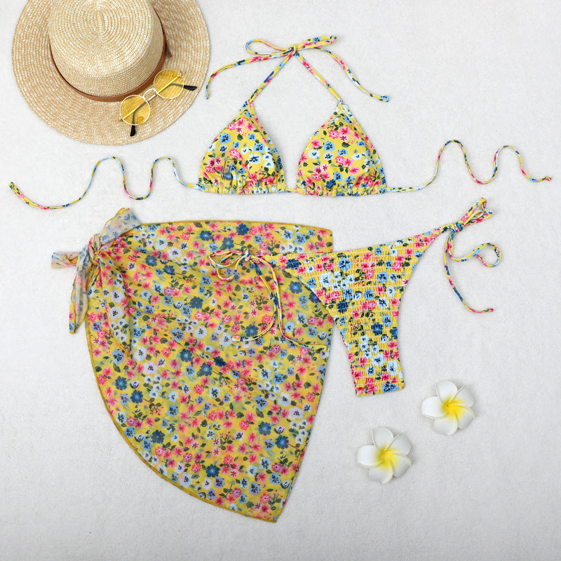 Print Bikini Three-Piece Set – Sheer Skirt Separates, Sexy Vacation Swimwear