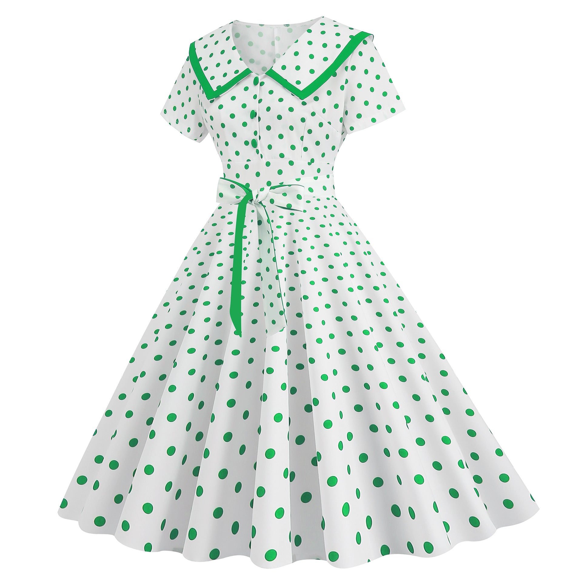 Vintage-Inspired Polka Dot Print Wrap Waist Flared Dress with Belt