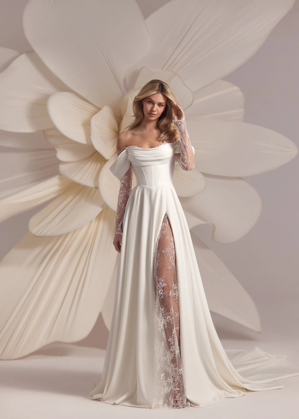 Off-Shoulder Satin Slit Evening Gown/Wedding Dress