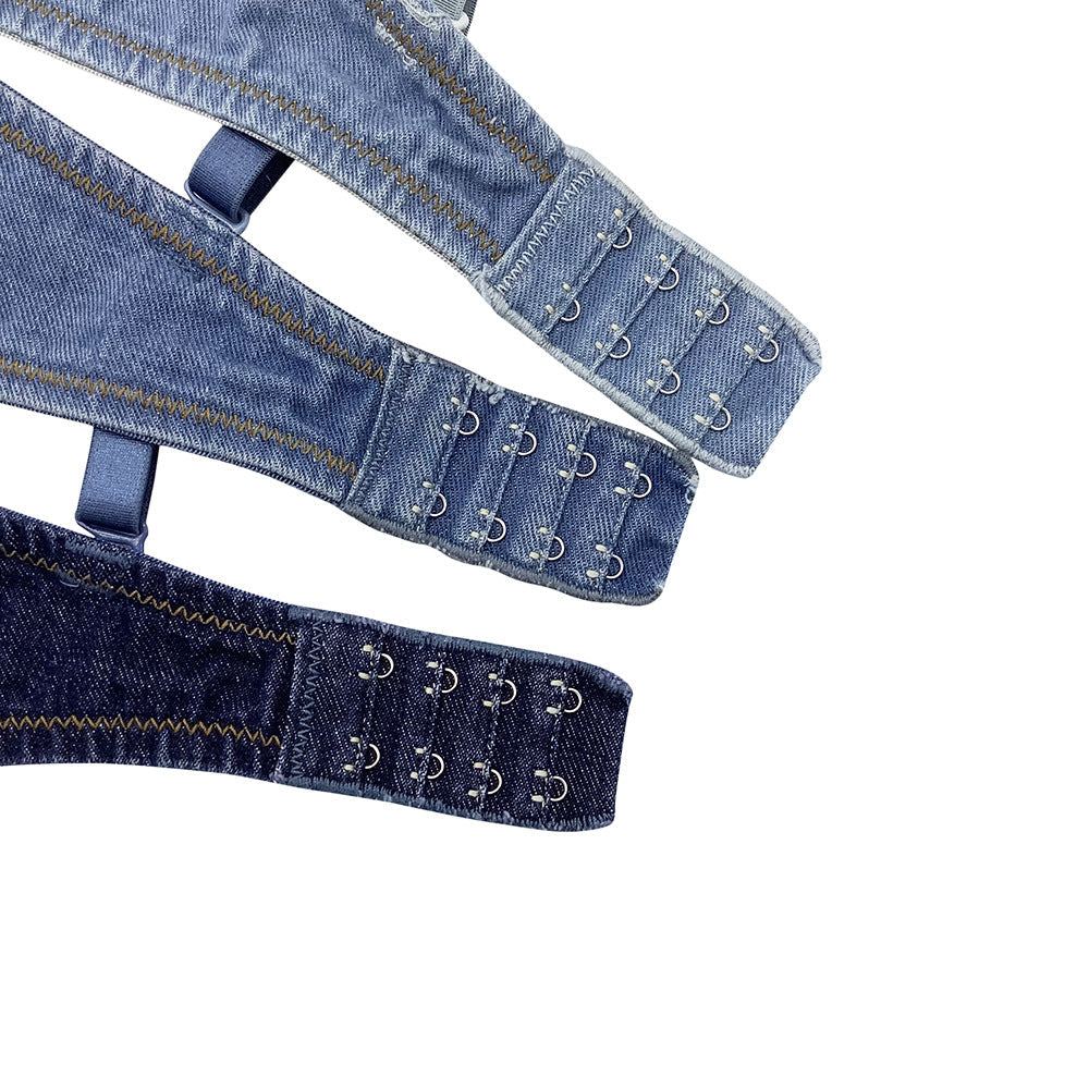 Cowfish Bone Inlaid Diamonds Detachable Straps Back-Closure Denim Corset Top