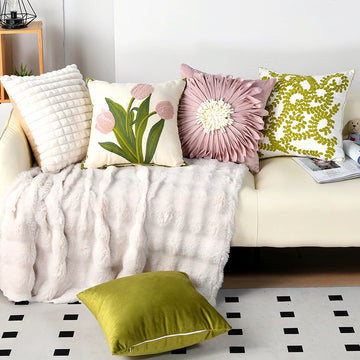 Embroidered Tulip Flower Pillow Cover