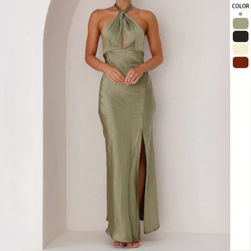 Women's Satin Halter Neck Slit Maxi Dress with Cinched Waist