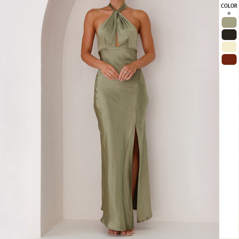 Women's Satin Halter Neck Slit Maxi Dress with Cinched Waist