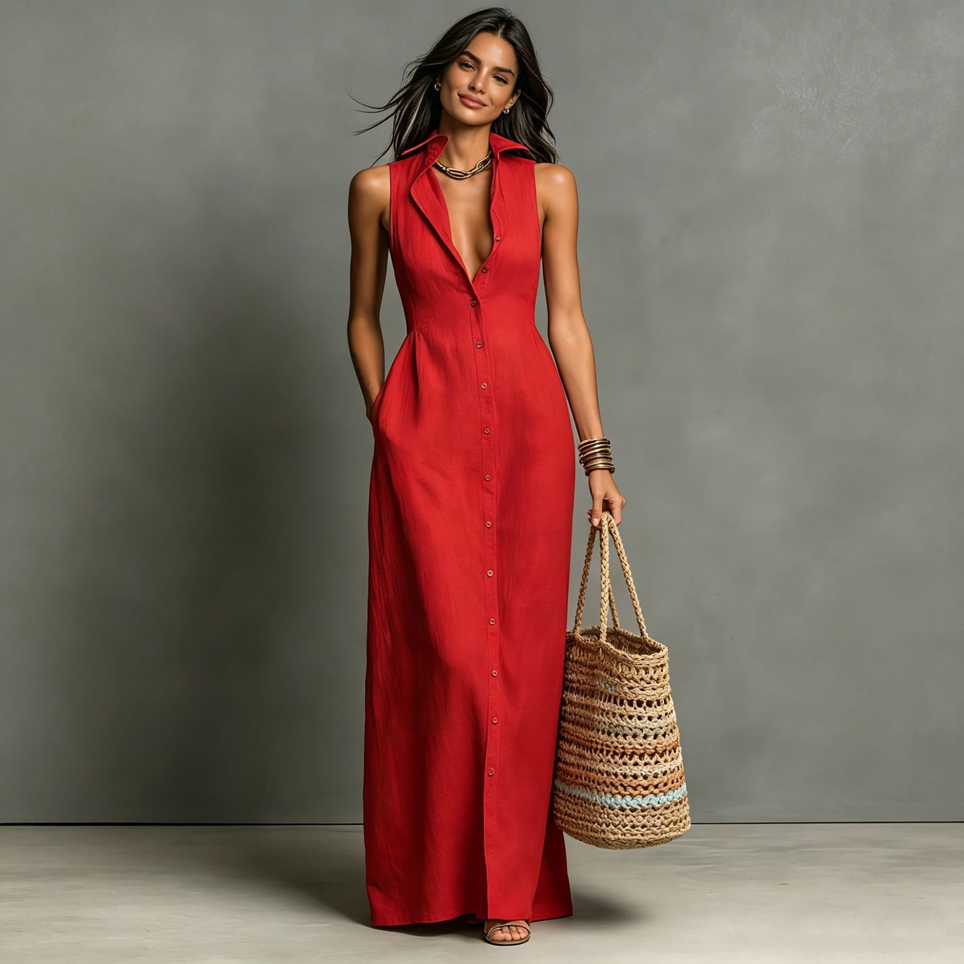 Women's Summer Sleeveless Lapel Collar Maxi Dress