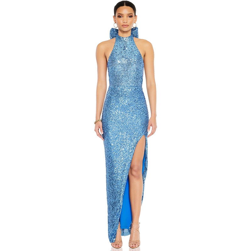 Sexy Sequined Halter Bow Evening Party Dresses