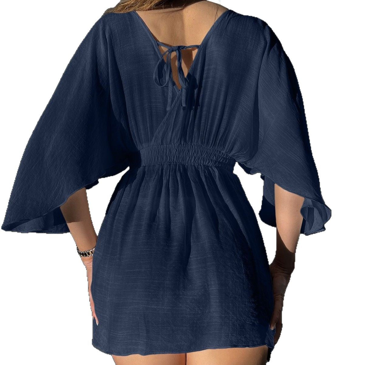 Sexy Backless Beach Dress – High-Waist Short Sleeve Wrap Shirt for Women