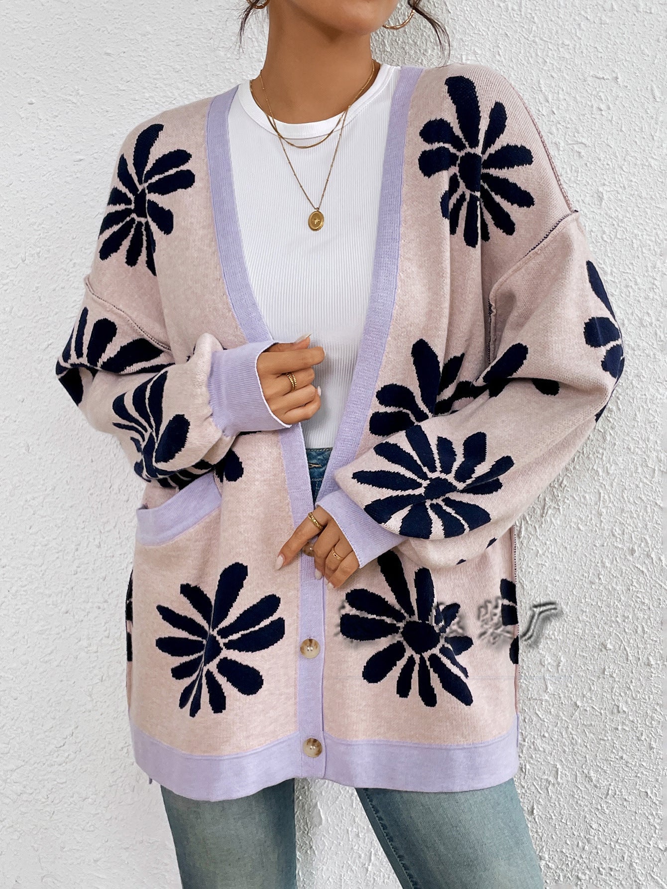 Casual Floral Print Knitted Cardigan Coats