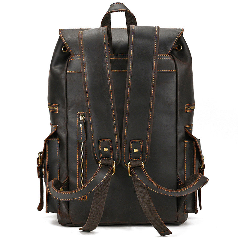 Retro Crazy Horse Leather Backpack – Large Capacity 16-Inch Cowhide Laptop & Travel Bag with Multi-Flap Pockets