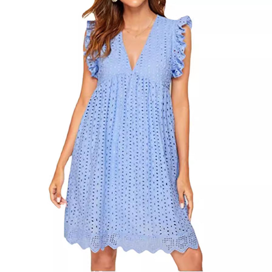 Women's Lace Jacquard Hollow-Out V-Neck Dress with Shorts