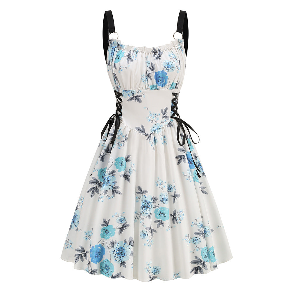 legant Floral Print O-Ring Strap Slimming Party Dress