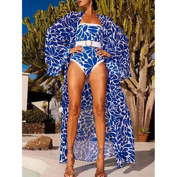 Women's Fashion Print One-Piece Swimsuit with Long Sleeve Cover-Up