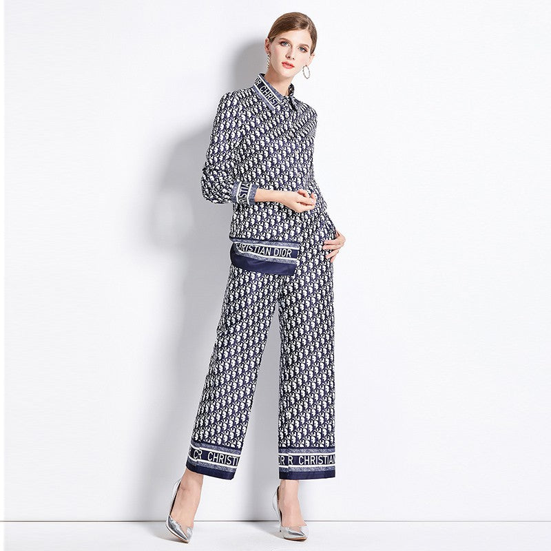 Versatile and Slimming Shirt Paired with Loose Positioned Printed Wide-Leg Pants Set