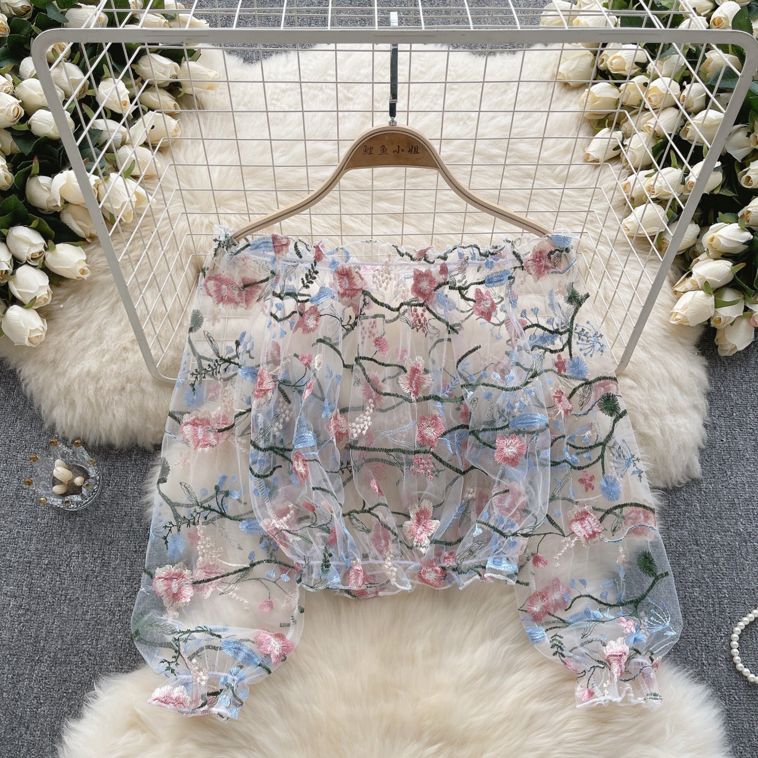 Off-Shoulder Mesh Embroidered See-Through Blouse