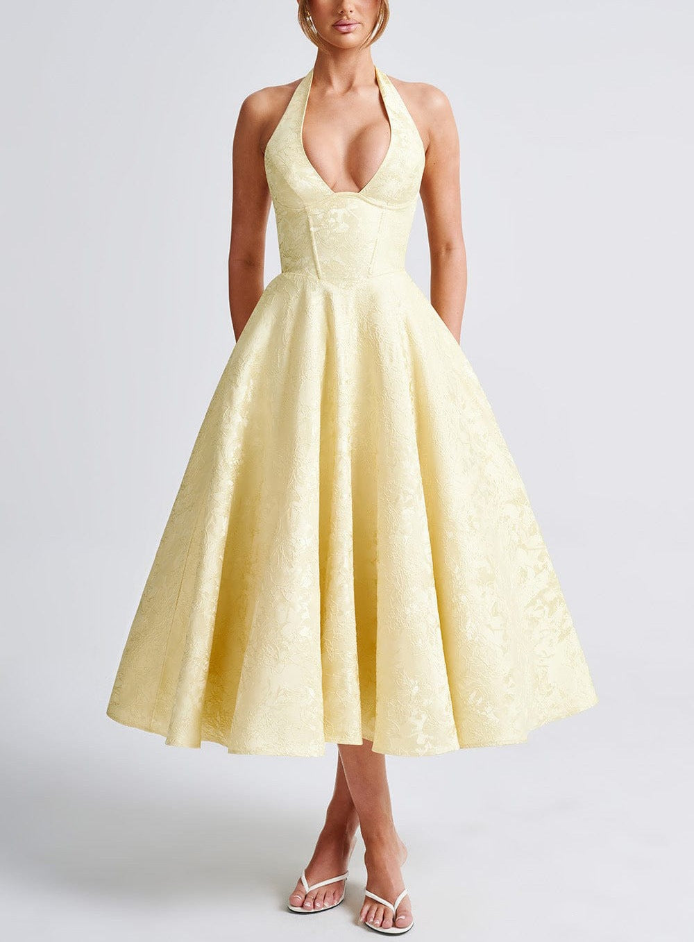 Backless Halter Jacquard Midi Dress