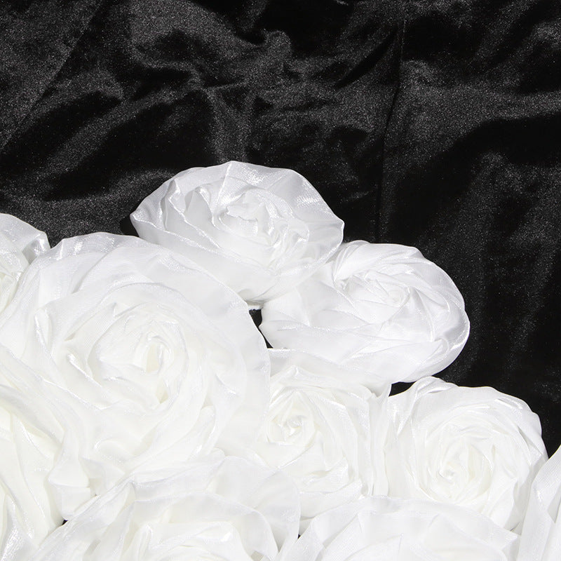 Designed Sexy Velvet Bustier Ball Gown Mini Dress with 3D White Roses