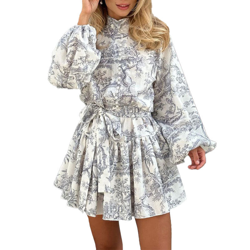 Elegant Long Sleeve Floral Print Wrap Dress with Belt