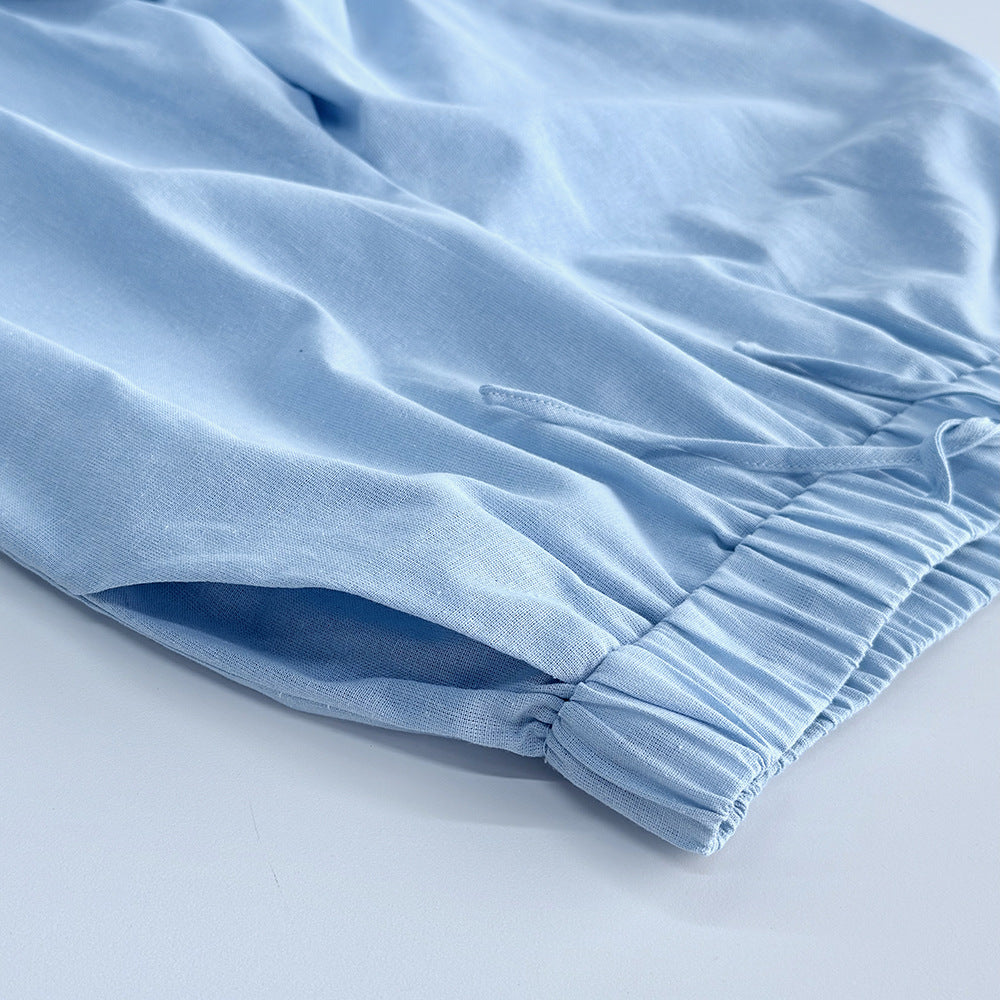 Sweet Solid Color Cotton Set - V-Neck Top & Bubble Sleeve Shorts 2-Piece Outfit