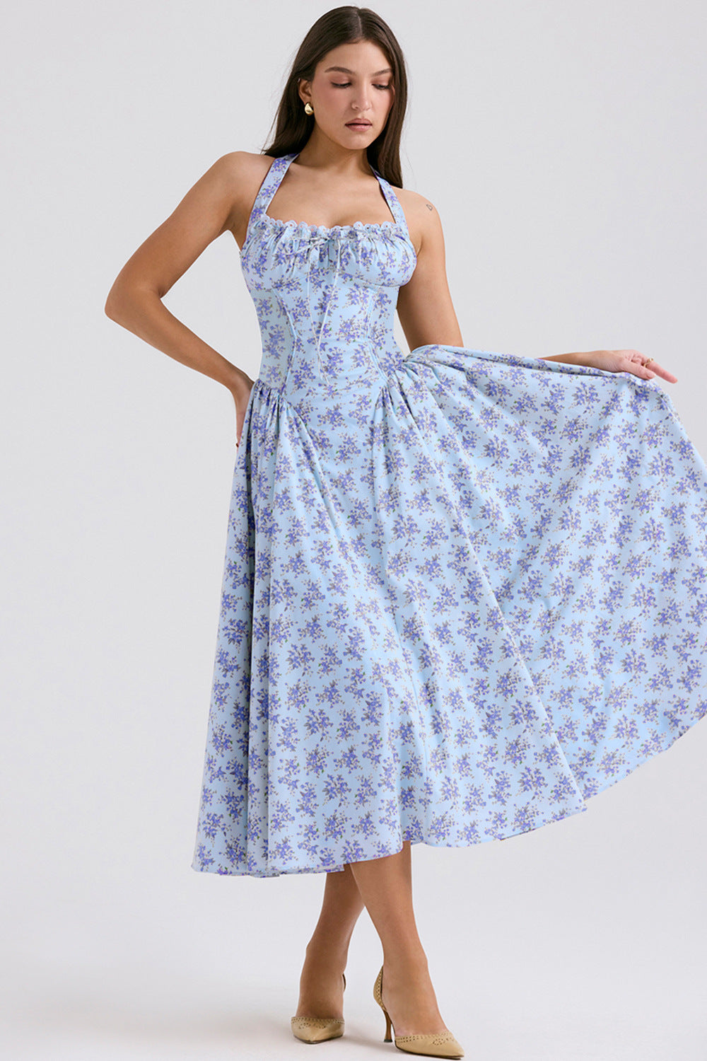 Women's Summer Floral Print Bodycon Halter Neck Maxi Dress