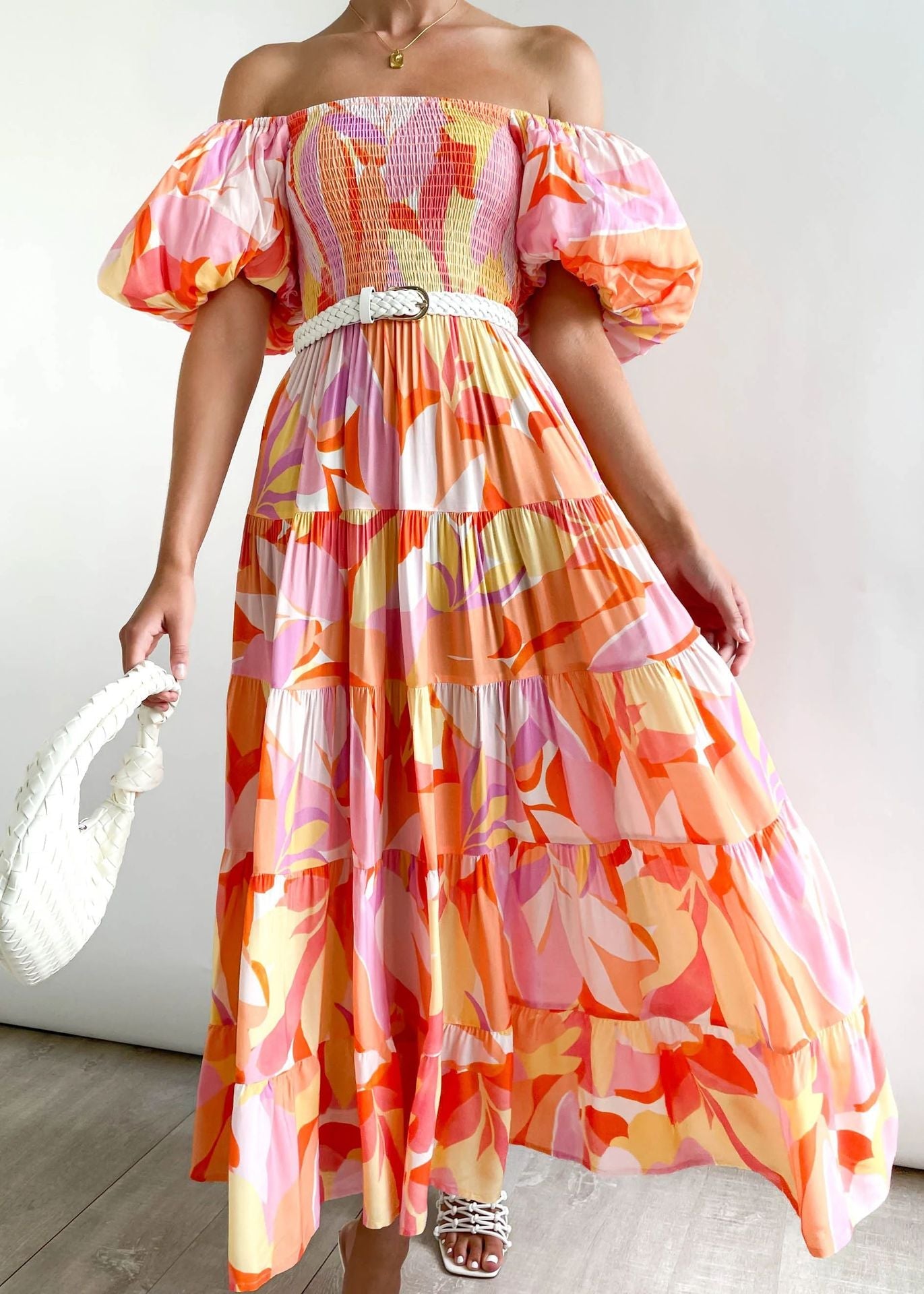 Flutter Sleeve High Waist Off-Shoulder Print Dress