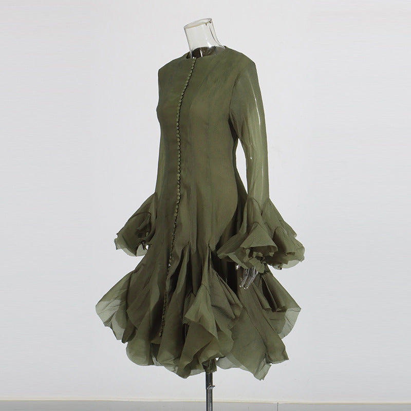 Designed Elegant Round Neck Patchwork Hem Flounce Midi Dress with Bell Sleeves