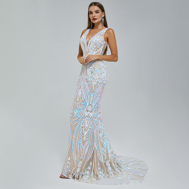 Sexy V Neck Sequined Sleeveless Evening Dresses