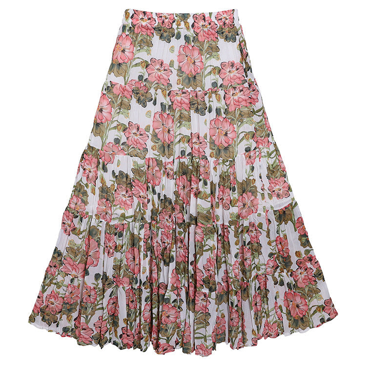 Yuan Su's new summer Wizard of Oz floral pleated skirt, high waist versatile and thin wrinkled A-shaped big swing skirt-Large Pink Flower - White-one size fits all-Free Shipping Leatheretro