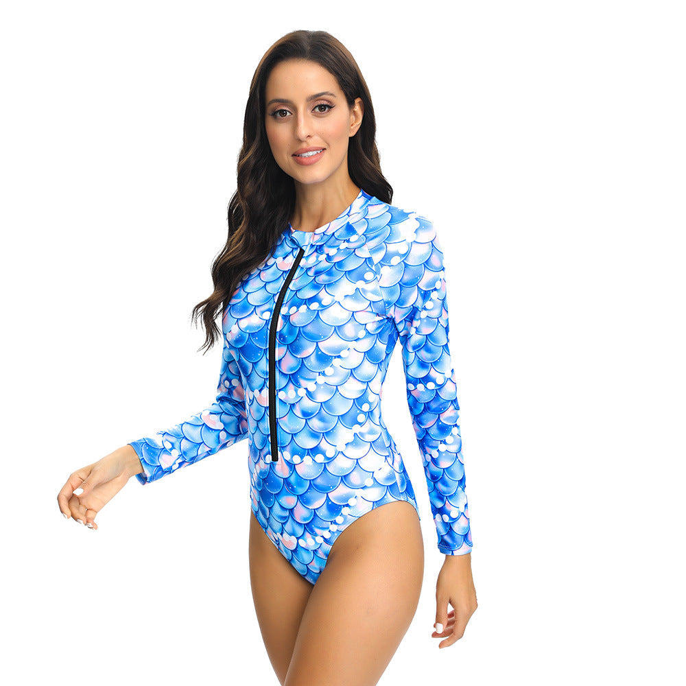 Women's Long Sleeve Multi-Color Print Zip-Up One-Piece Snorkel & Surf Wetsuit