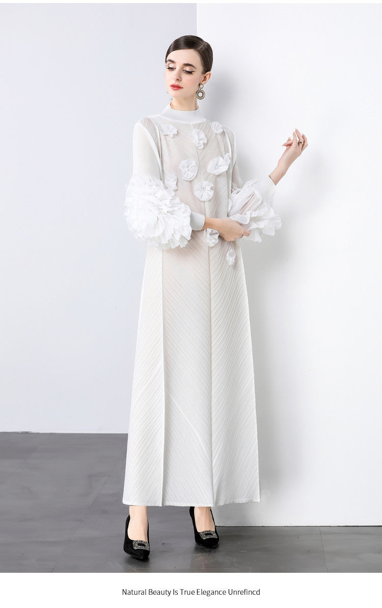 Stylish Slim-Fit Solid Color High Neck Dress with 3D Flowers