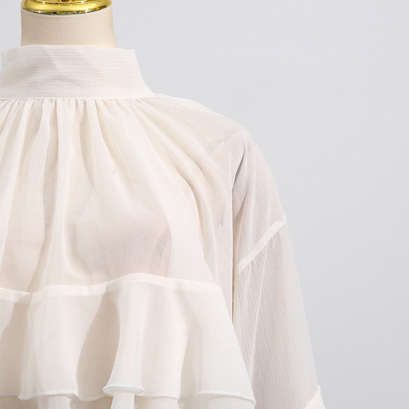 Women's Elegant Mesh Ruffle Long Sleeve Blouse