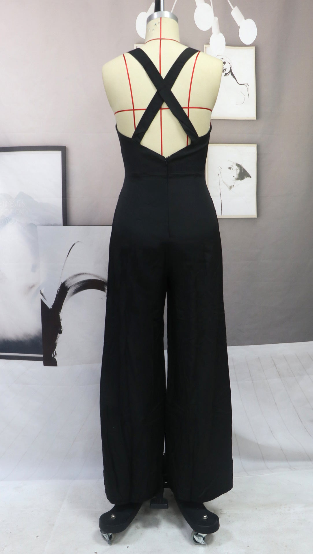 Sexy Shoulder Straps Black Wide Legs Jumpsuits