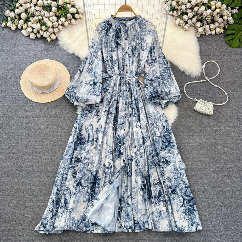 Retro Palace Style Lantern Sleeve Round Neck A-Line Floral Print Button-Down Waist Dress