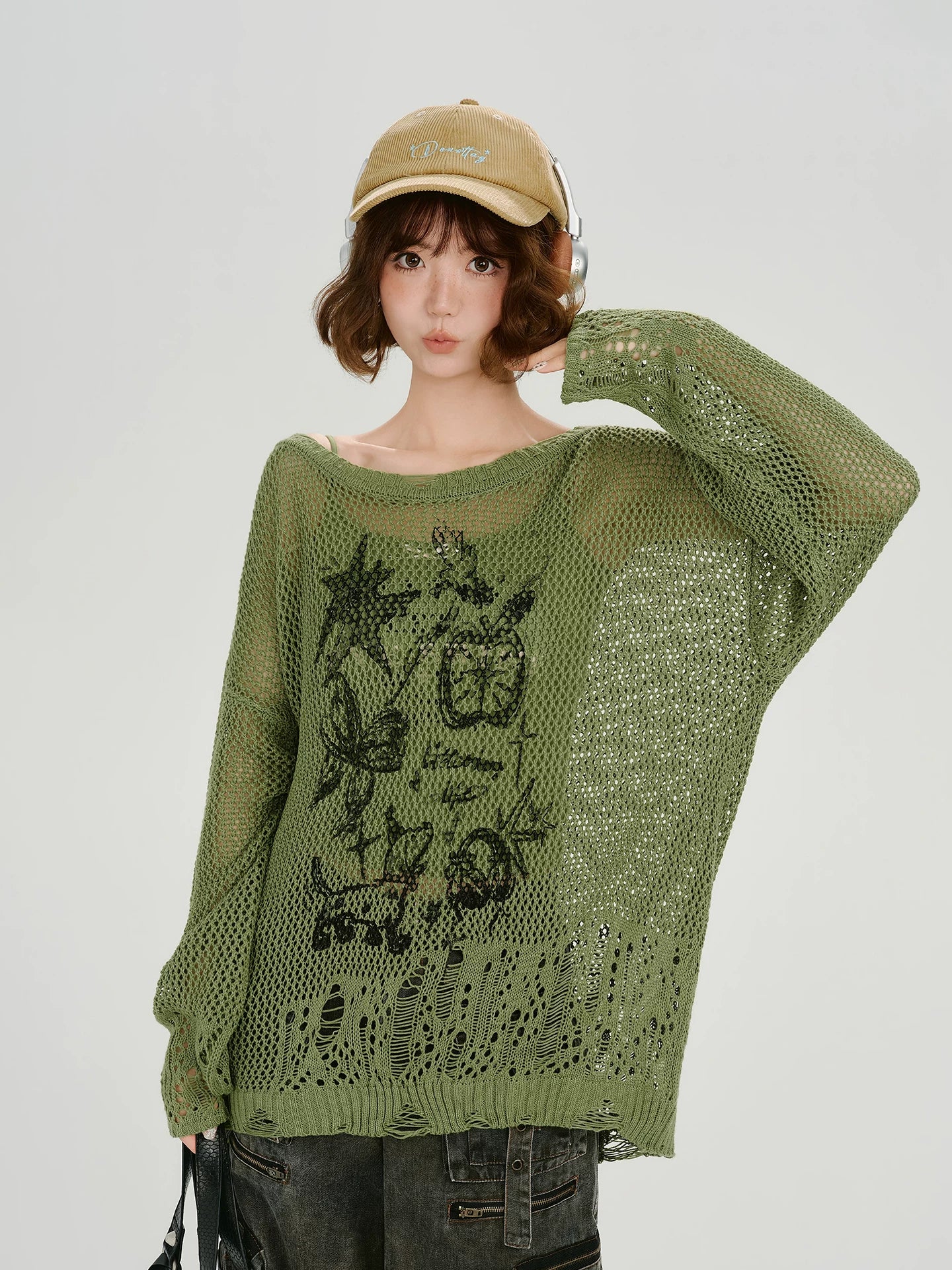 Girlyhalo Retro Y2K Printed Hollow-Out Knit Top