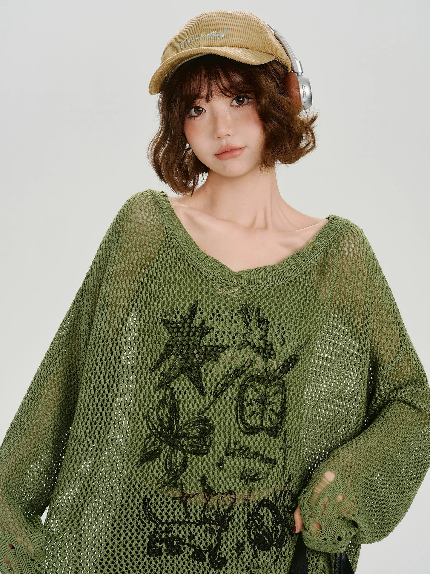 Girlyhalo Retro Y2K Printed Hollow-Out Knit Top