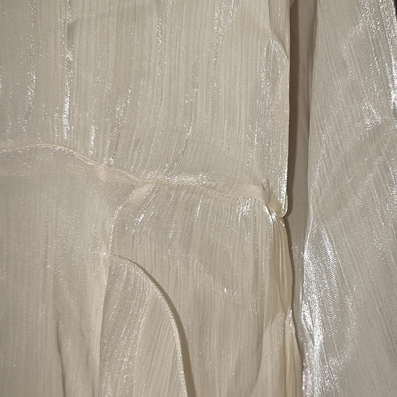 Summer Stand Collar Lantern Sleeve Ruffled Waist Dress for Women