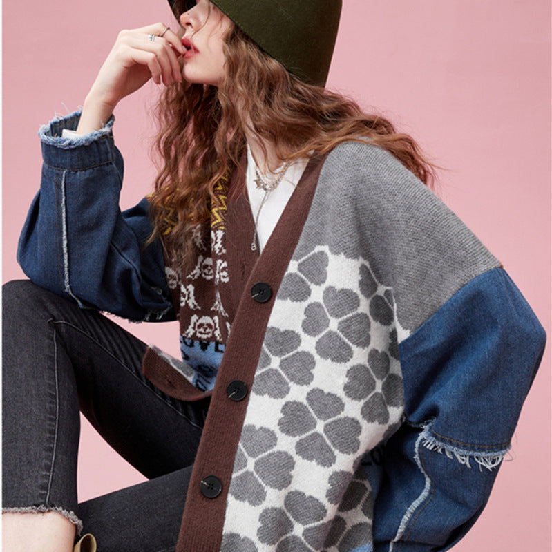 Women's Denim Patchwork Sweater Cardigan