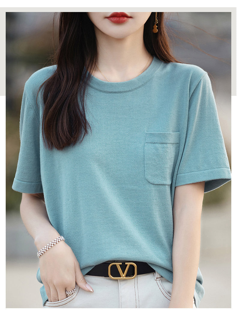 Mariya Cotton Pocket Tee - Aqua Grey