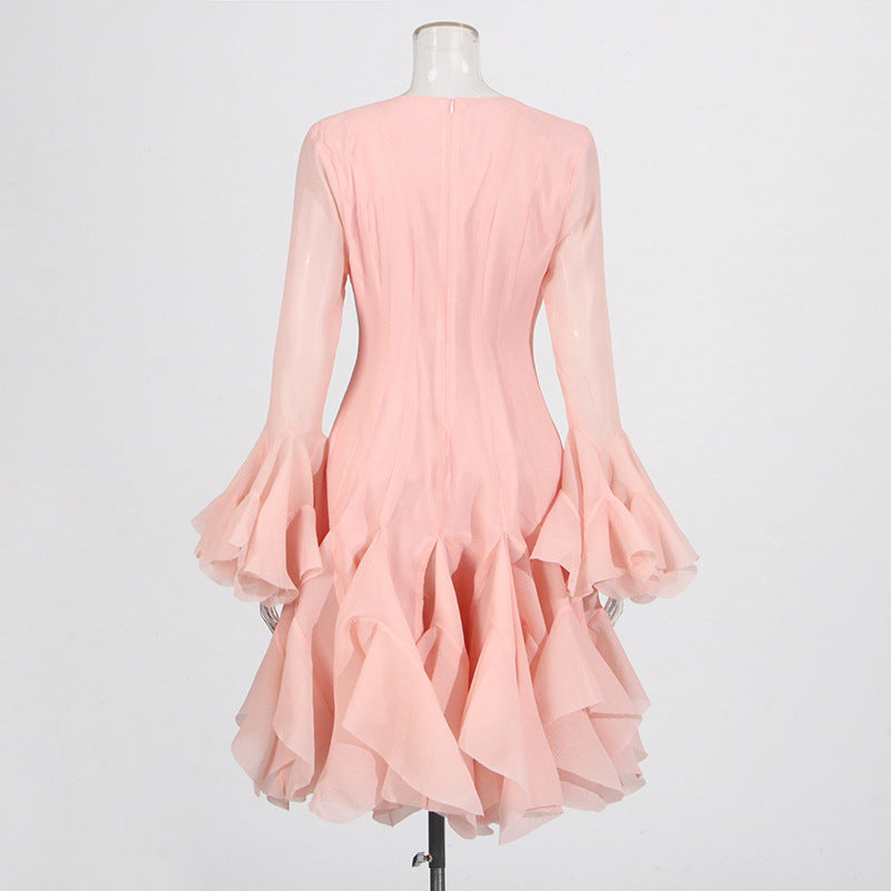 Designed Elegant Round Neck Patchwork Hem Flounce Midi Dress with Bell Sleeves