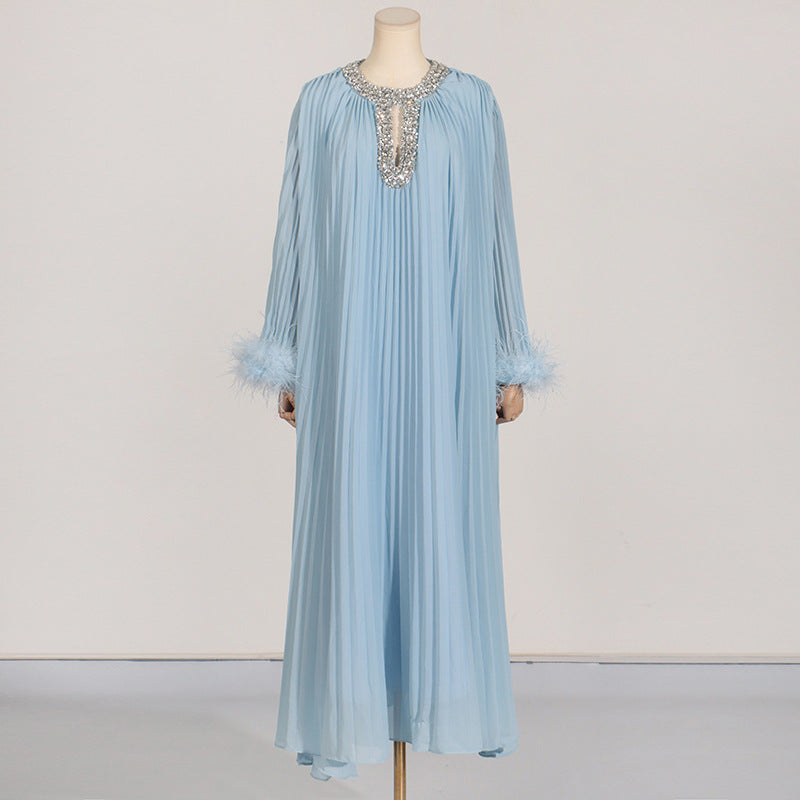 Elegant Round Neck Rhinestone Ostrich Feather Long Sleeve Ruffle Dress