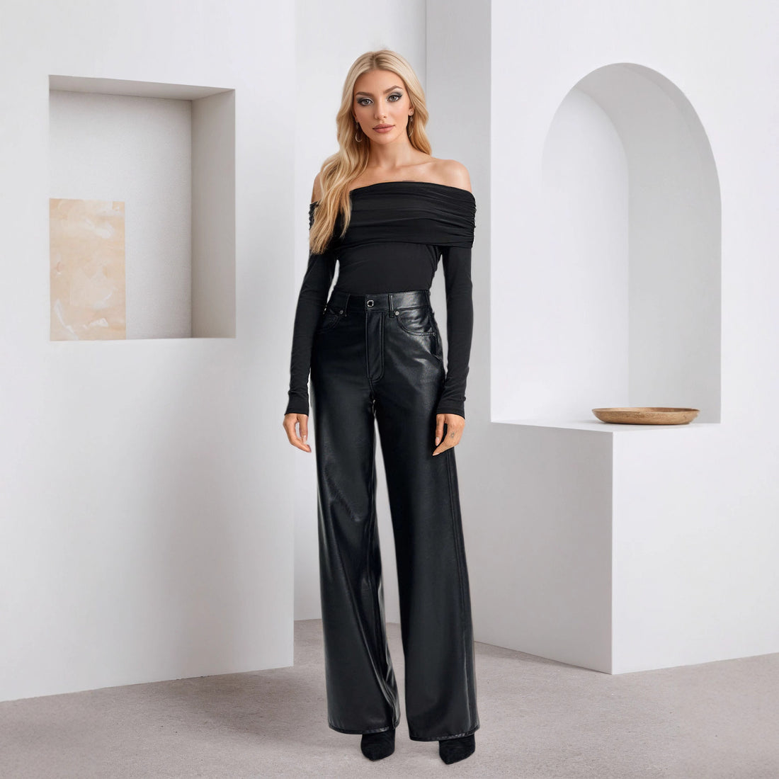 High-Waisted Wide-Leg Leather Pants for Women