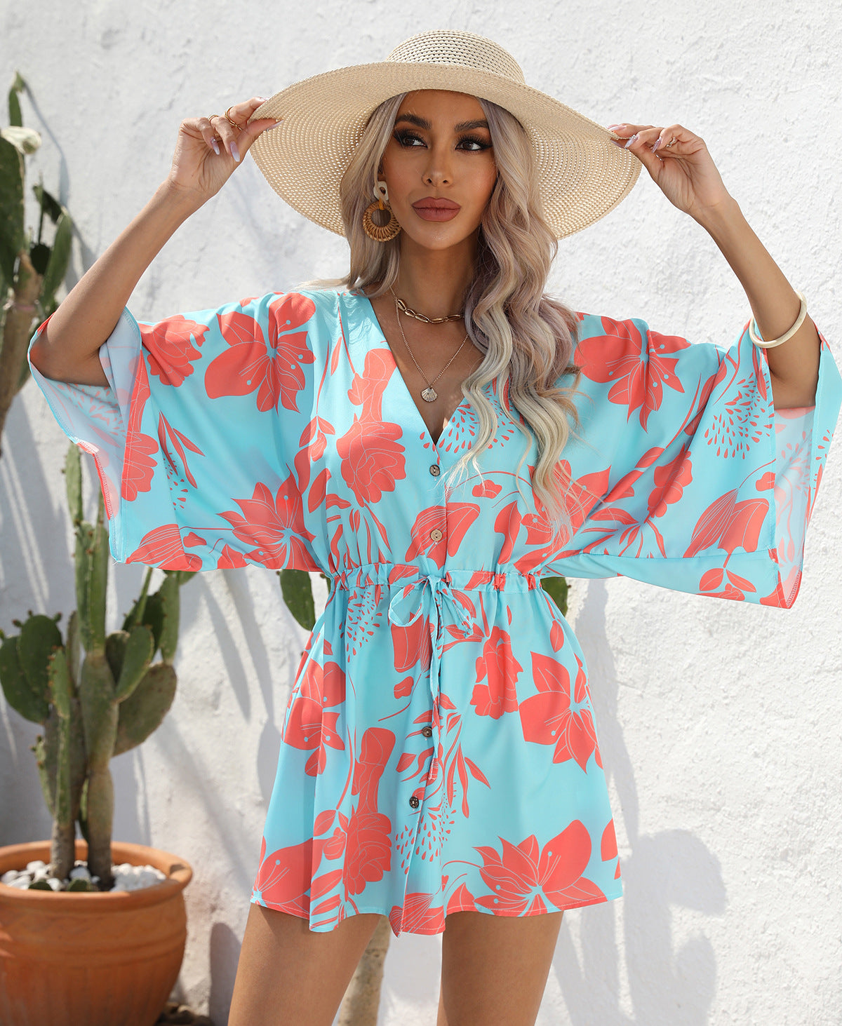 Women's Summer Leaf Print Short Sleeve Short Mini Dress