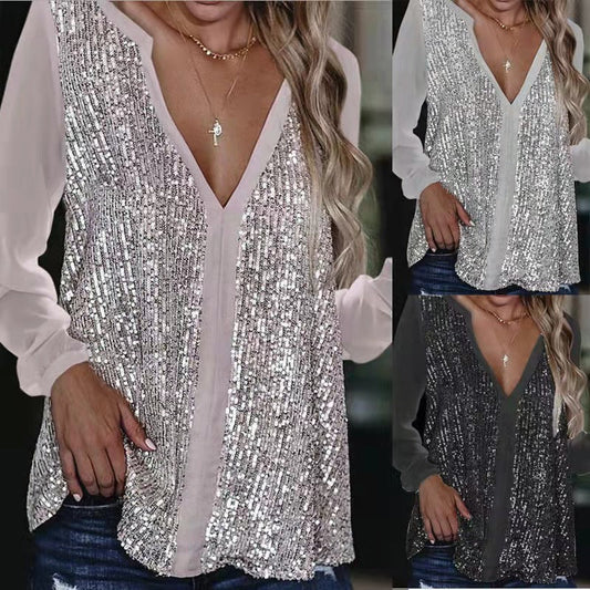 Leisure Sequined Long Sleeves Blouses Shirts for Women