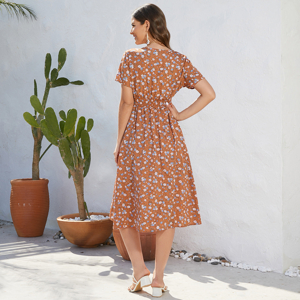 Stretchy Waist Printed Maternity Chiffon Dress